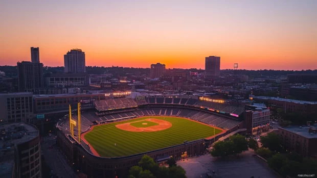 Iconic baseball stadium lit up during sunset.