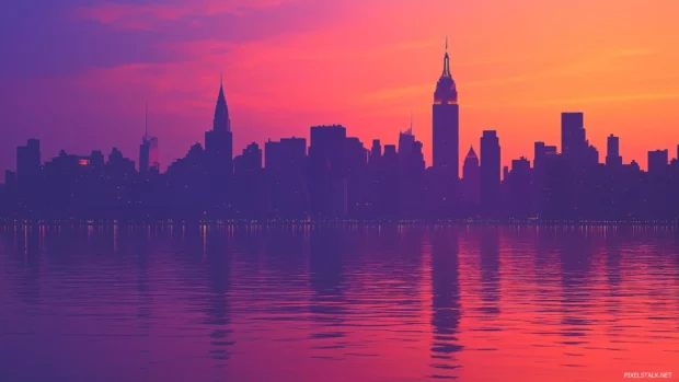 Iconic city skyline at dusk with landmark silhouettes.