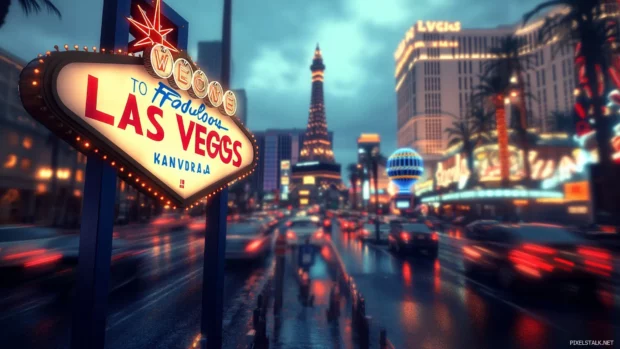 Illuminated buildings and Vegas sign at night.