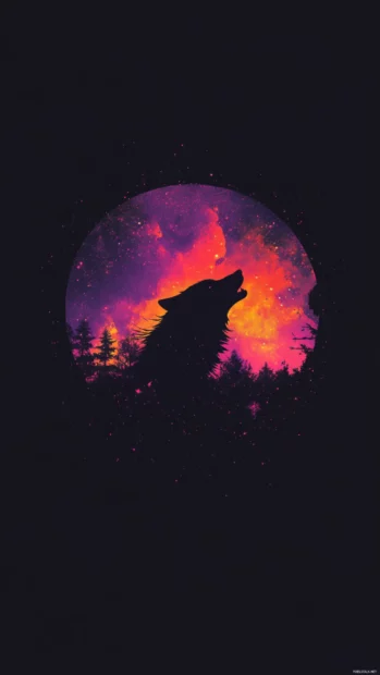 Illustration of a cosmic wolf howling through a galaxy tunnel in deep purples.