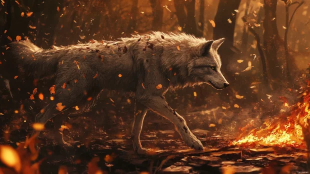 In a cracked wasteland, a scarred lone wolf walks beside fire embers.