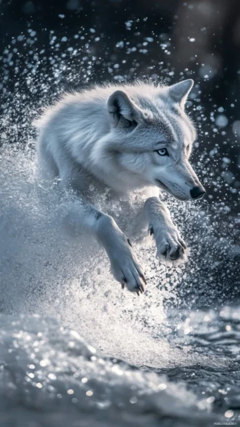 In a frozen valley, a majestic wolf leaps through falling frost.