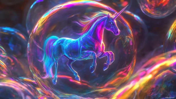 In a glowing bubble world, a unicorn spins inside a prism of rainbow colors.