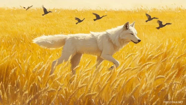 In a golden wheat field, a white wolf walks gracefully as birds fly overhead.