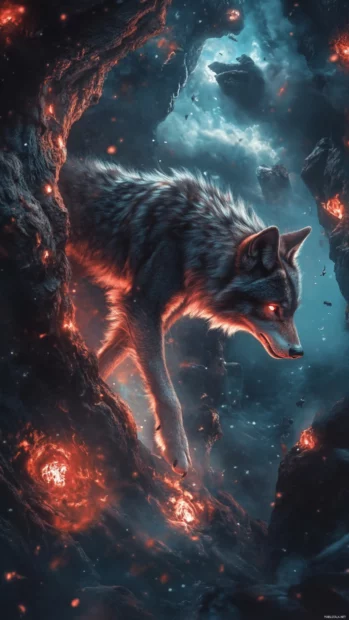 In a magical vertical canyon, a red wolf climbs an ancient tree of light.