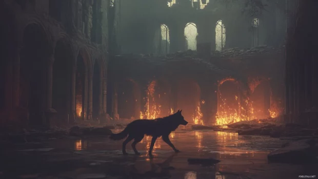 In a shattered dreamscape, a lone wolf walks through ruins lit by floating embers.