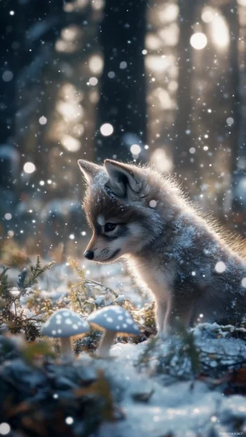 In a snowy field, a fluffy wolf pup sniffs glowing mushrooms in this cute and beautiful wolf.