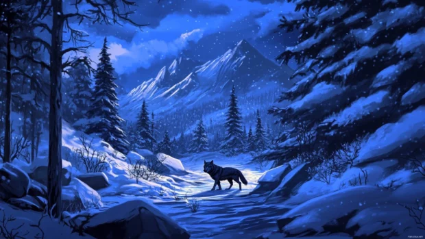 In the distance, a wolf crosses snow dusted ridges in a dramatic mountain wolf wallpaper.