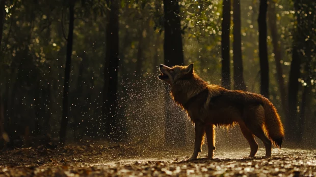 In the heart of a forest, a wet wolf shakes off droplets in slow motion.