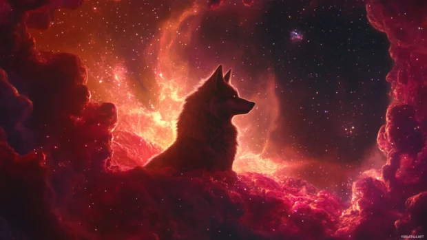 In the heart of a nebula, a celestial wolf silhouette is formed from constellations.