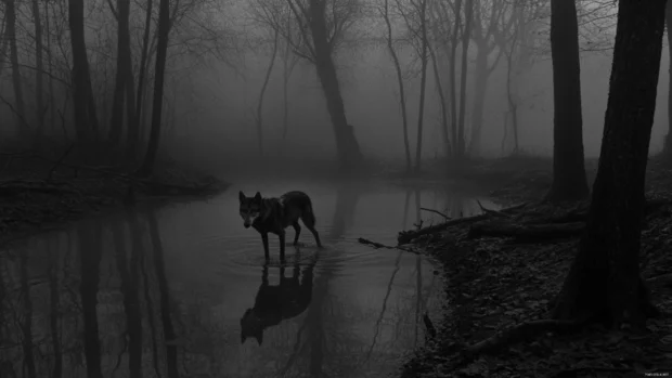 In the heart of the forest, a wolf emerges through dense fog.