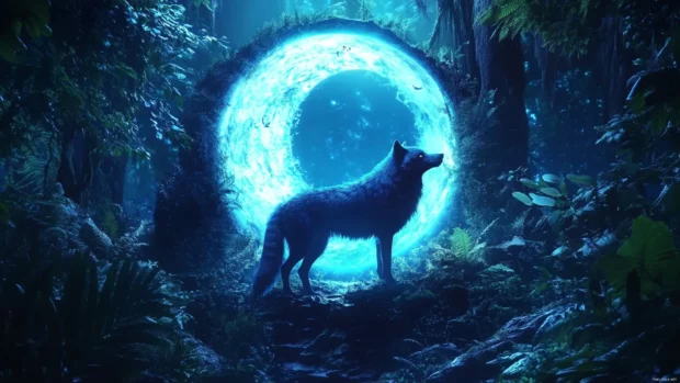 In the middle of a neon forest, a glowing wolf stares into a moon shaped portal.