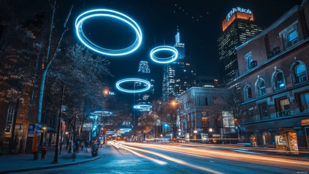 In the night city, old buildings bask under LED halos.