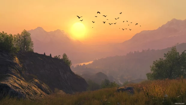 In the tranquil silence, birds drift above sun kissed mountaintops at sunrise.