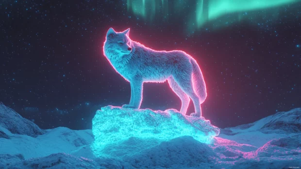 In this 3D wolf wallpaper, a digital sculpture like wolf stands atop a neon rock with auroras overhead.
