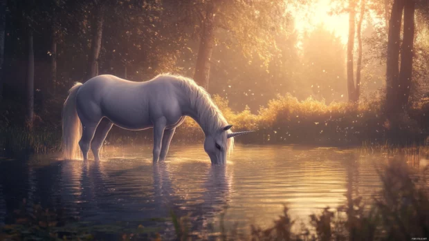 In this 4K unicorn wallpaper, the creature drinks from a crystal clear lake at twilight.
