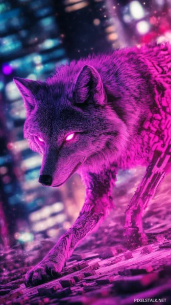 In this HD wolf iPhone wallpaper, a neon cyber wolf walks vertically across a futuristic city skyline.