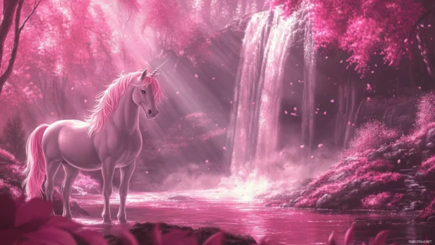In this Pink Unicorn Wallpaper, the unicorn stands beside a pink waterfall glowing with light.