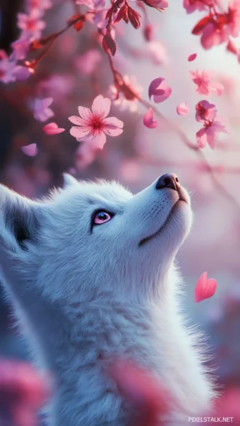 In this adorable wolf iPhone wallpaper, a small white wolf looks up at falling cherry blossoms.