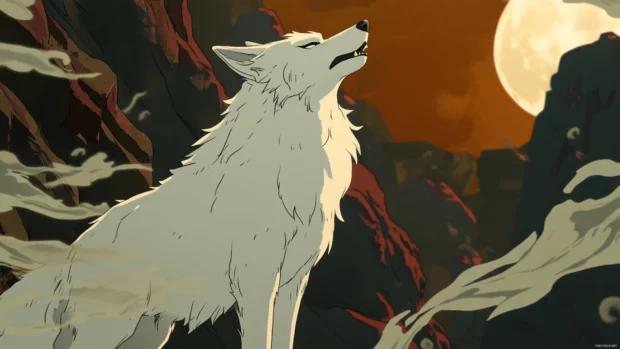 In this anime white wolf background, the character howls at the moon with stylized wind lines swirling around.