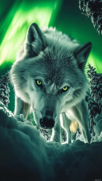 In this aurora borealis background, a white wolf stands among glowing trees under green sky.