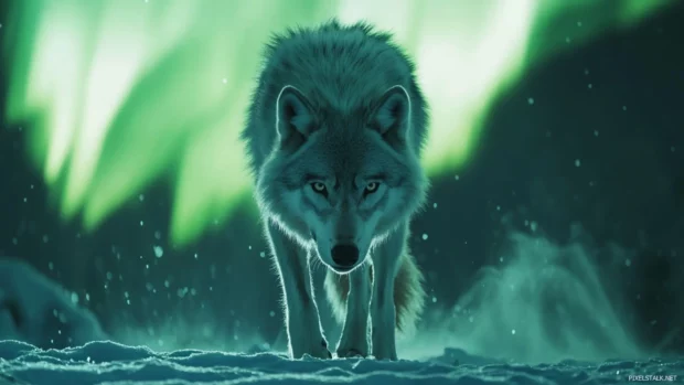 In this aurora borealis wolf wallpaper, the stars shimmer as a silver wolf walks silently through snow.