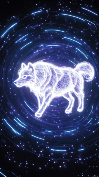 In this awesome wolf iPhone background, a neon outlined wolf floats across a cosmic sky of swirling lights.