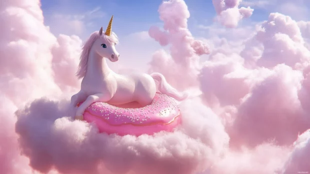 In this cute unicorn wallpaper, the unicorn floats on a donut shaped cloud above cotton candy skies.