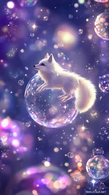 In this cute wolf wallpaper, a tiny wolf rides on a bubble above a forest of sparkles.