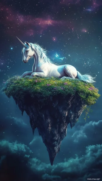 In this enchanted unicorn iPhone wallpaper, the unicorn rests on a floating island.