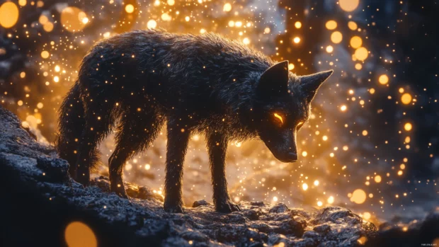 In this fantasy black wolf wallpaper, a mystical creature stands on a mountain beneath glowing stars.