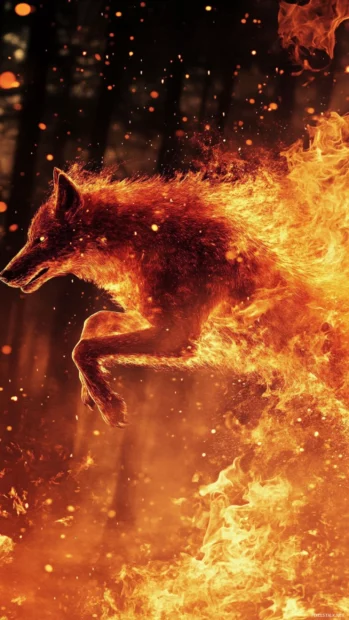 In this fire wolf background, a red hot creature sprints through blazing trees.