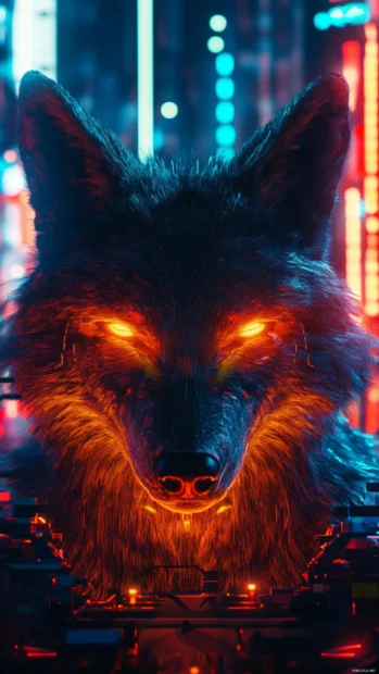 In this futuristic neon wolf background, the creature stares directly with glowing eyes.
