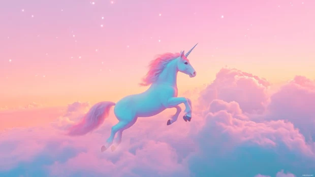 In this magical Rainbow Unicorn wallpaper, the creature leaps over a pastel cloudscape into the stars.