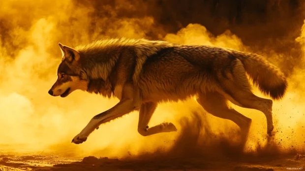 In this scene, the running wolf is bathed in golden hour light, dust kicked up behind it.
