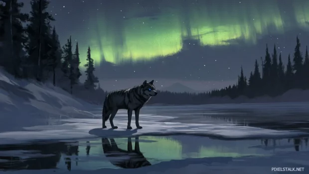 In this stunning wolf wallpaper HD, a blue eyed wolf stands at the edge of a frozen river reflecting northern lights.
