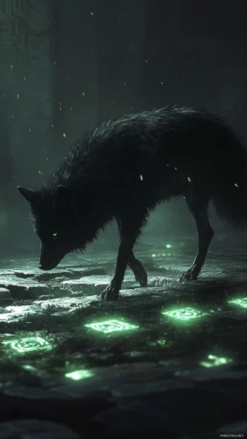 In this stylized black wolf iPhone wallpaper, the creature walks beneath ancient glowing runes.