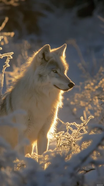 In this vertical snowy forest wolf wallpaper, the animal stands beneath frozen branches glowing in morning light.