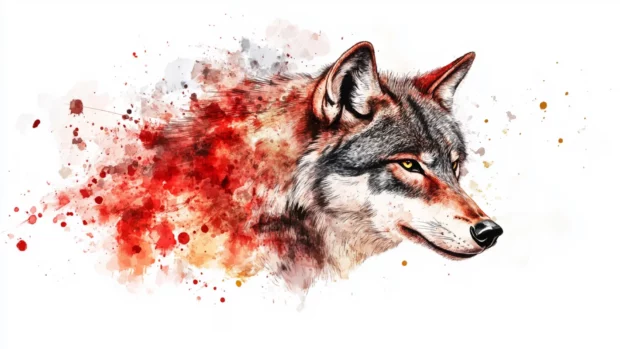 In this watercolor wolf background, vibrant red and black inks form the shape of a fierce wolf head.