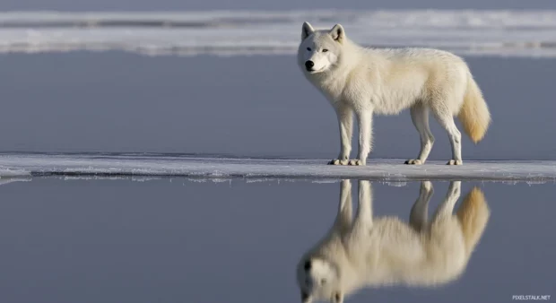 In this white wolf wallpaper, the creature stands still on a frozen lake, reflected in crystal clear ice.