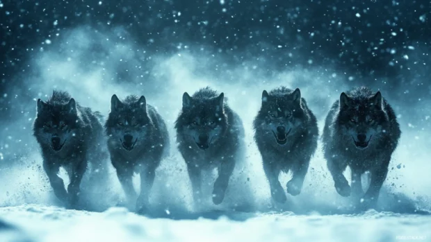 In this wolf pack wallpaper high definition, their silhouettes emerge from a snowstorm in unison.