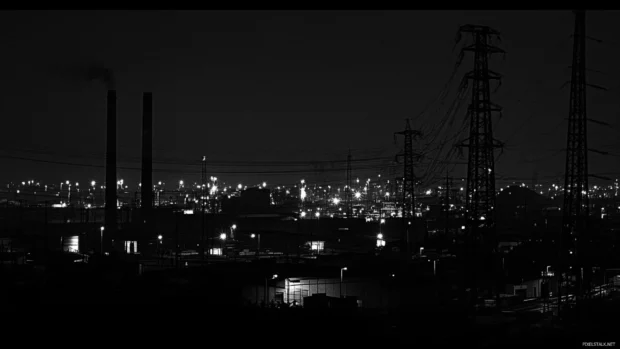 Industrial zone portrayed in dark tones of black city wallpaper.