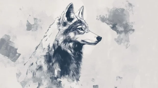 Ink style anime wolf with bold brush strokes and soft watercolor effects under cloudy sky.