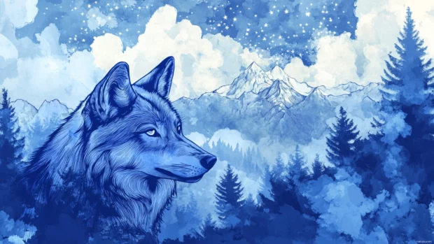 Ink style drawing of a wolf and layered night sky with soft painted stars above.