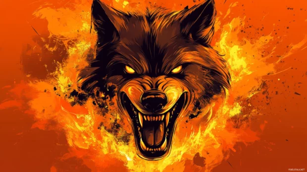 Ink style illustration of a snarling wolf face with fire elements around it.