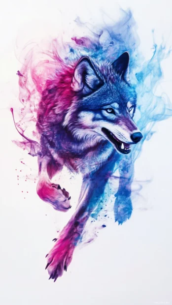 Ink trails and flowing shapes build a playful watercolor wolf running freely across screen.