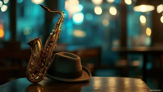 Jazz saxophone and fedora on dimly lit table.