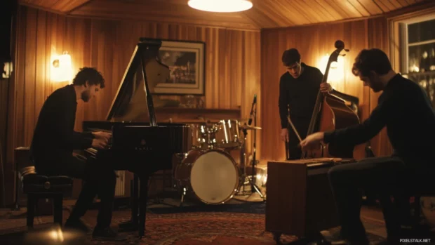 Jazz trio rehearsing inside wood paneled lounge.