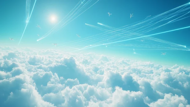 Jet trails crisscross vibrant blue sky, create geometric patterns above.
