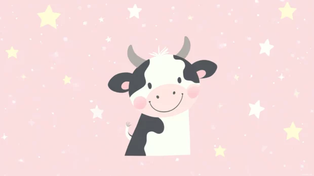 Kawaii Cow Wallpaper with a pastel pink background and a cartoon cow smiling under the stars.